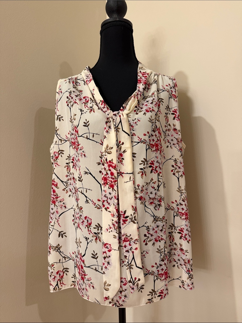 Jon & Anna Cream Tank with Pink Floral Tie-Neck